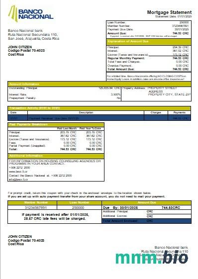 Kostaryka Banco Nacional wyciąg z kredytu hipotecznego szablon Word i PDF